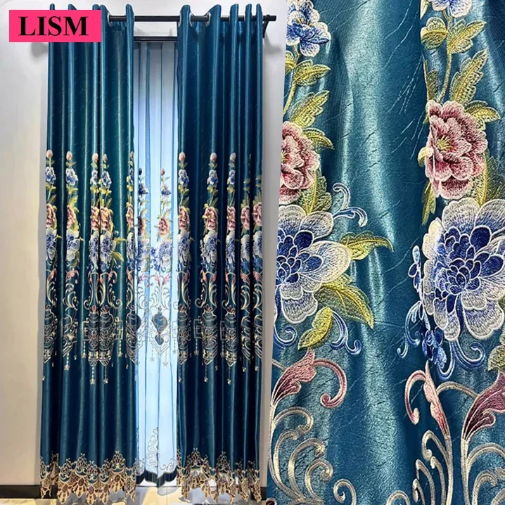 2024 New Luxury Embroidered High-end Curtains for Bedroom Living Room Villa Window Custom Blackout Blue Fabric Decor Lace Tulle