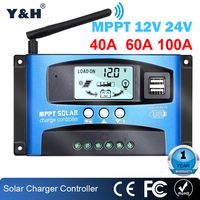 Y&H 100A 60A 40A 12V/24V MPPT Solar Charge Controller w/LCD Display Dual USB and WIFI, fit for Gel Flooded and Lithium Battery