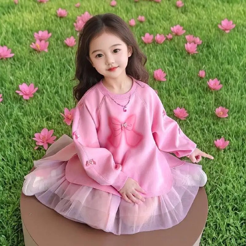 Spring Autumn Child Sweet Lolita Bow Princess Skirt Christmas Gift New Girls Sweatshirt Dress Cute Mesh Lace Long Sleeve Dress