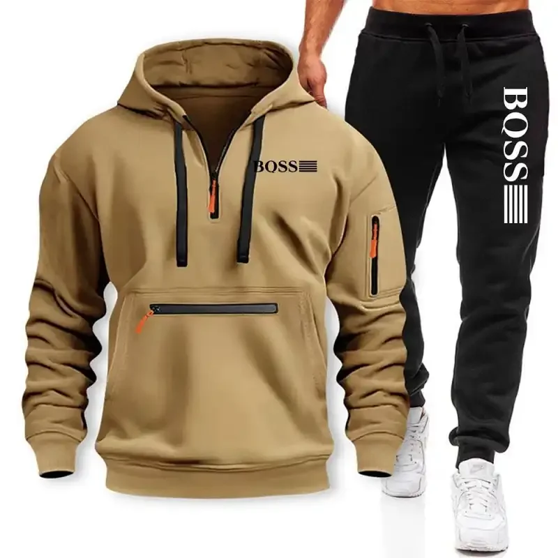 Men's autumn and winter new hooded jacket, casual sportswear, zipper pocket, youth trend hoodie and long pants two-piece set