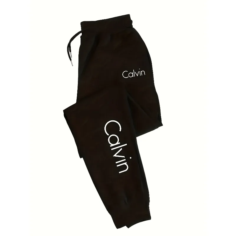 

Men Calvin Dual Letter Print Jogger Pants Drawstring Elastic Cuff Soft Sports Sweatpants