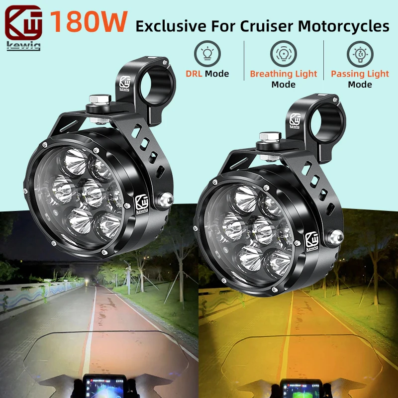 Kewig K7 Round Vintage Motorcycle LED Fog Light 180W 9000LM Dual Beam Auxiliary Driving Lamp For Cruiser Bobber Retro Bike