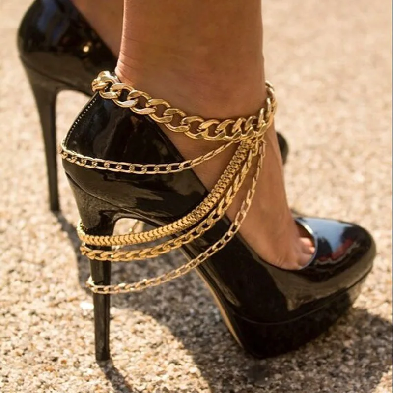 Punk Multi-layer Retro Style Hollow Out Alloy Ankle Chain Hip Hop High Heels Women\'s Jewelry