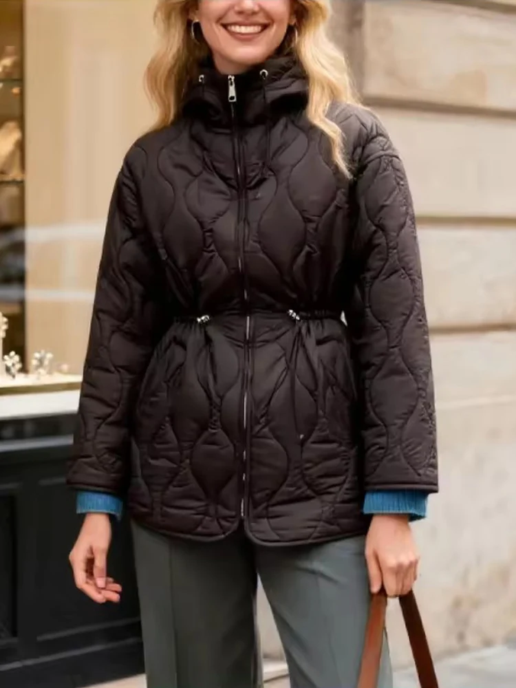 

Осень-зима, женская винтажная стеганая парка, пальто на талии, куртка с капюшоном на шнуровке, пальто, новинка 2025 года, модная женская повседневная свободная верхняя одежда
