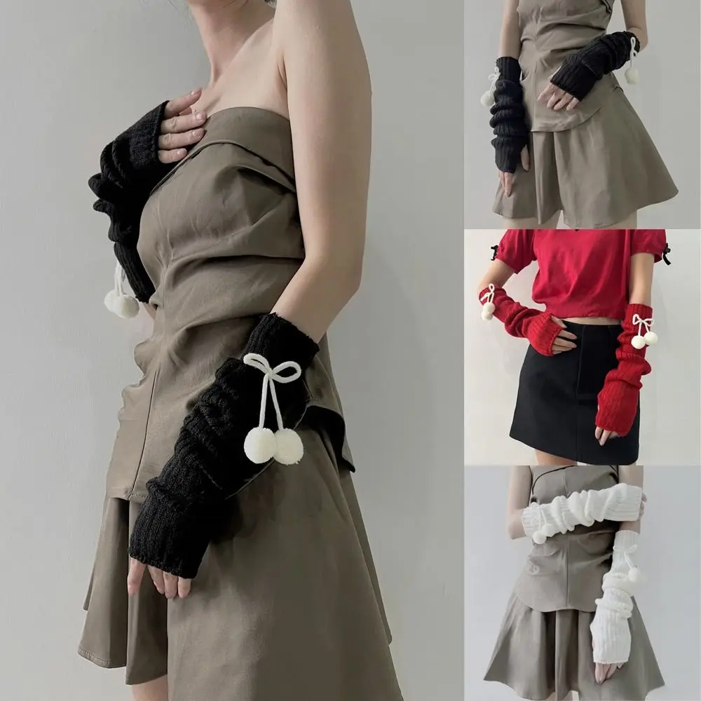 

Новые длинные теплые перчатки, вязаные милые пушистые шарики, теплые перчатки без пальцев с рукавами, морозостойкие перчатки без пальцев, осень-зима