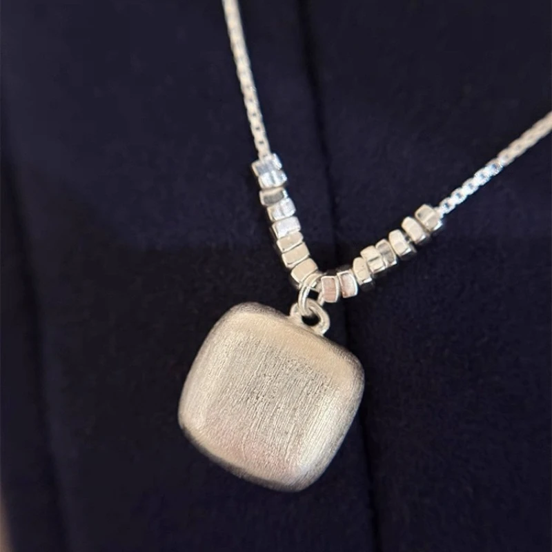 Square Brushed Sugar Necklace S999 Pure Silver Niche Design High-end Feel Light Luxury Broken Silver Pendant Collarbone Chain