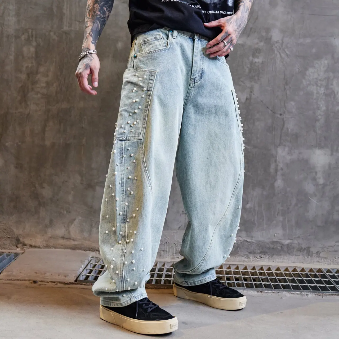 Beading Baggy Jeans Men Streetwear Fashion Hip Hop Loose Casual Wide Leg Straight Denim Cargo Jeans Pants Y2k Harem Trousers