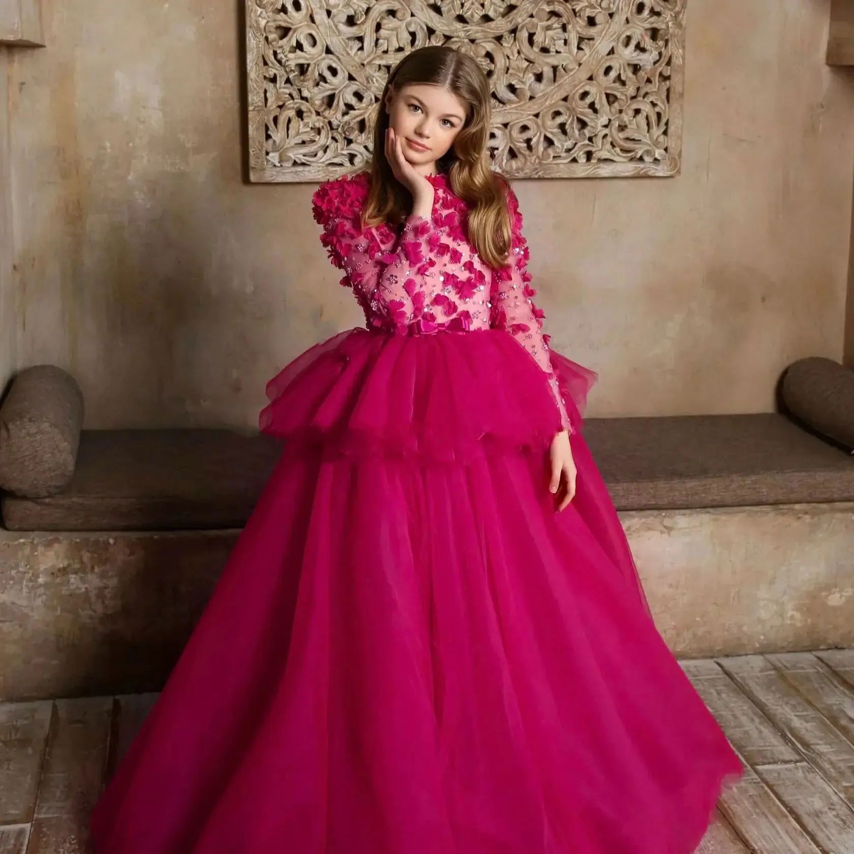 

Flower Girl Dresses Rose Red Princess Dress New Round Neck Long Sleeve Gowns Long Flower Graduation Evening Prom Gown Customized