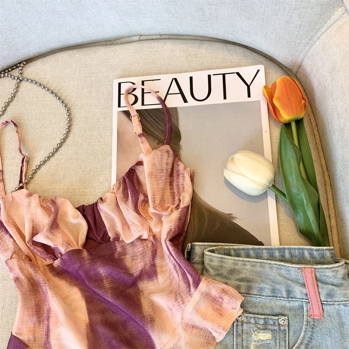 2026 جديد الصيف التعادل مصبوغ مطبوعة المرقعة الكشكشة غير النظامية سترة بلا أكمام شبكة عارية الذراعين سترة الحمالة