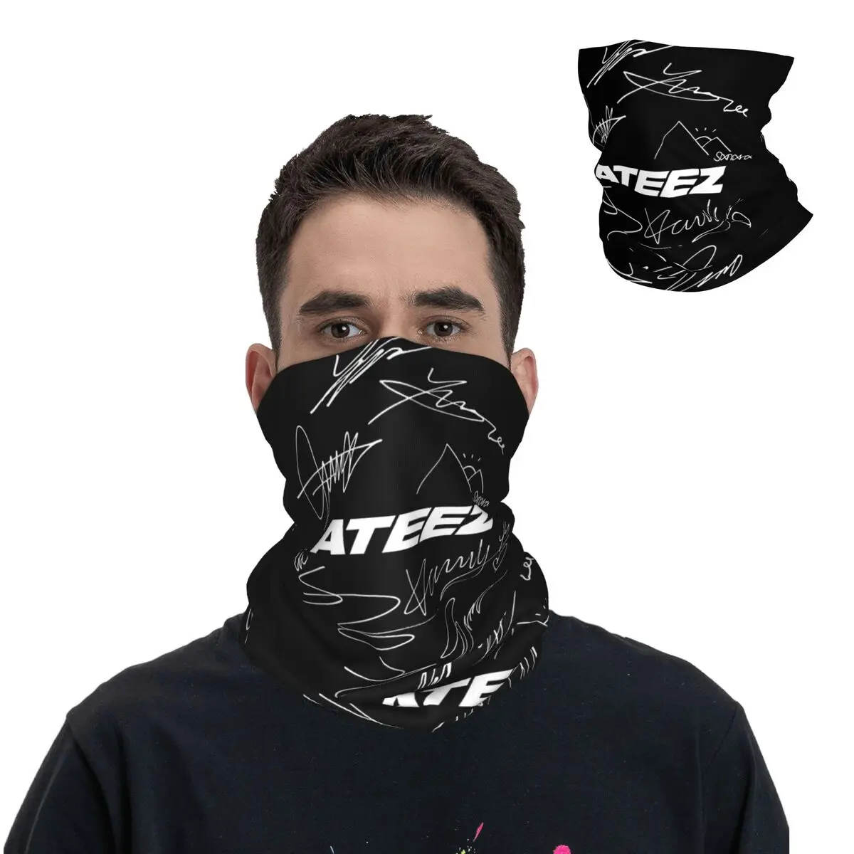 

Autographs (Black) Motocross Bandana Neck Cover Printed Ateez Wrap Scarf Running Unisex Adult Winter