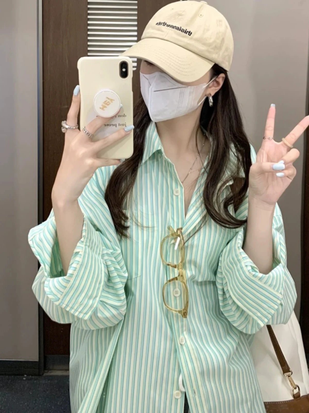 

Women's Collar Striped irt Spring New Loose Long Thin BF Sle Sunscreen Open Cardigan Top Cotton 00% Long Sve