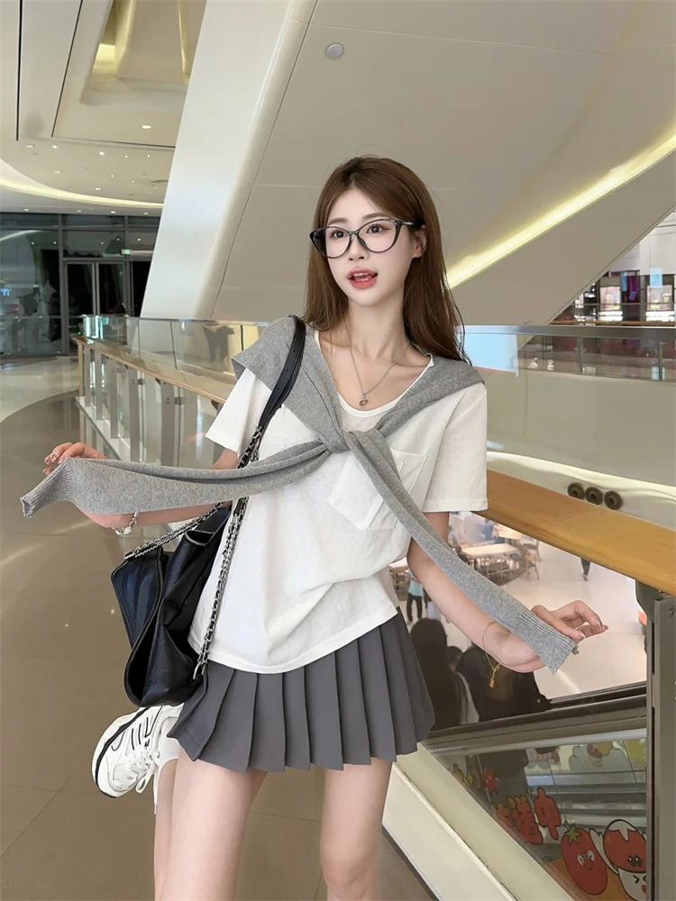 

Корейский летний повседневный костюм-двойка для женщин: белая футболка и шорты, модный трендовый комплект