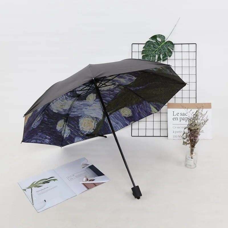 High  Quality Folding Umbrella Female Windproof Paraguas Van Gogh Oil Painting Umbrella Rain Women Black Coating Parasol