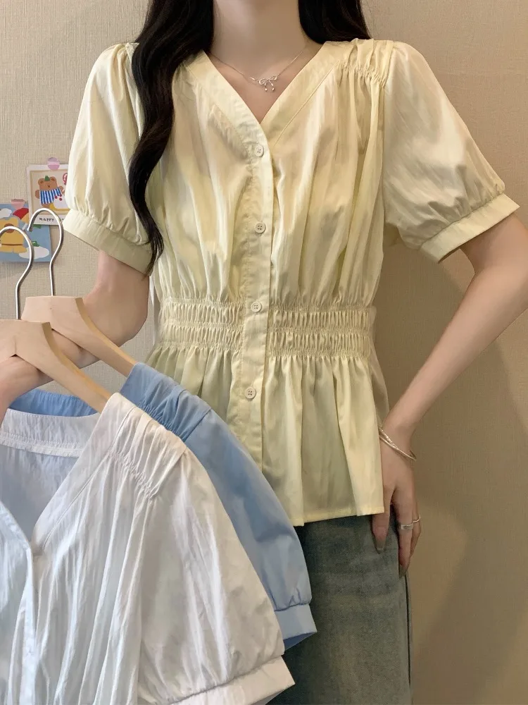 

Slimming V-Ne ort Sve Bubble Sve irt Women's Casual Sle Fitted Waist Design Summer New plus Size Faion Top