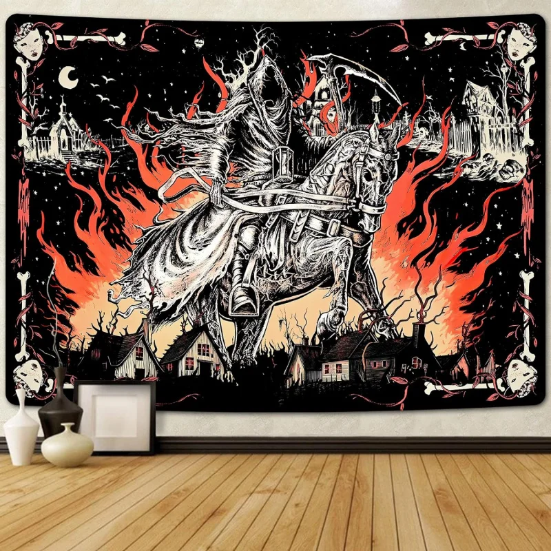 

Medieval Knights Tapestry Ghost Skeleton Tapestry Black Background Large Horror Wall Hanging Bedroom Home Decor