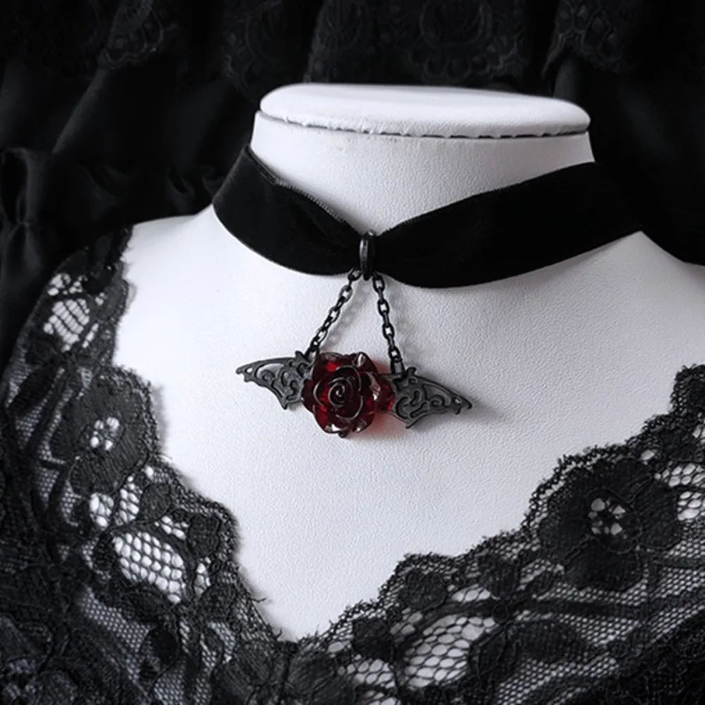 Gothic Black Hollowed-out Vampire Bat Wings Stereo Red Rose Flower Pendant Velvet Necklace for Women Halloween Choker Jewelry