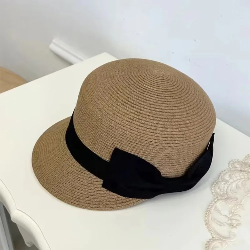 

Vintage Elegant Woven Straw Cap Summer French Bow Straw Cap Casual Dome Equestrian Hat Beach