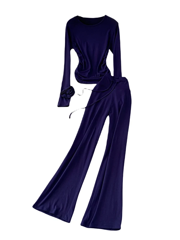 Korean Sle High Waist Wide Leg Pants Two-Piece Set Long Sve T-irt Top Pleated 3D Flower Design Simple Pure Color