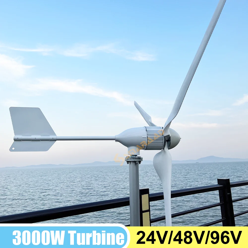 

3000W 24V 48V 96V 3 Blades Horizontal Wind Turbine Generator Windmill With Free MPPT Charger Controller and Off Grid Inverter