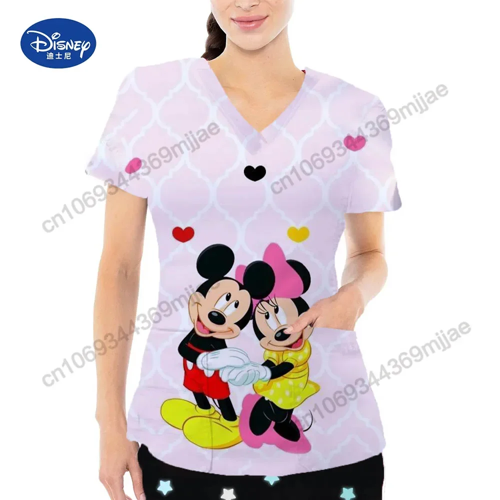 2024 Summer New Disney Cartoon Pattern Top Fashion V-neck Double Pocket Design Style T-shirt Casual Comfortable Women's Wear