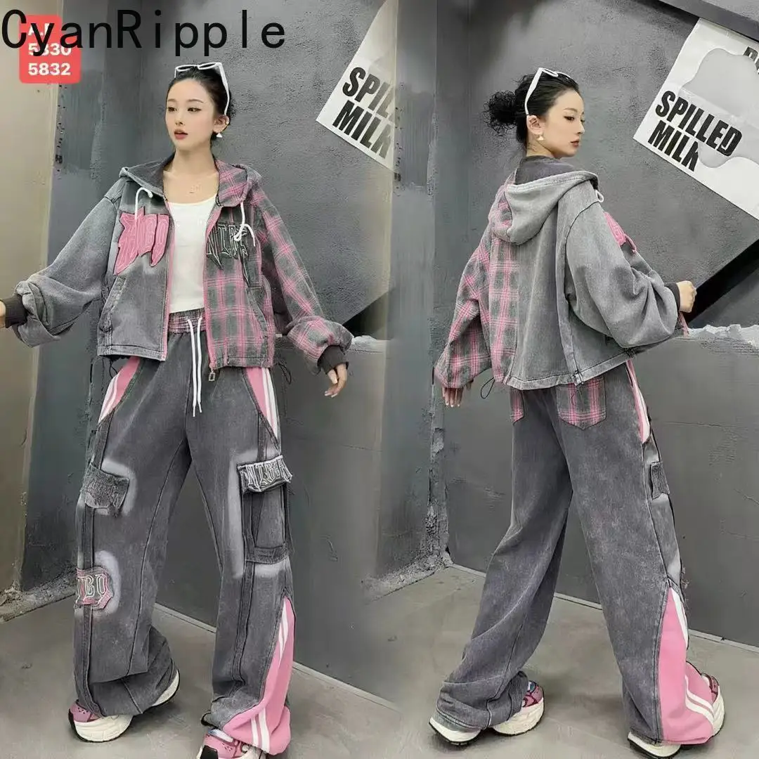 High Street 2026 New Autumn Colorblock Plaid Embroidery Letters Hooded Jacket All-match Elastic Waist Loose Straight Pants