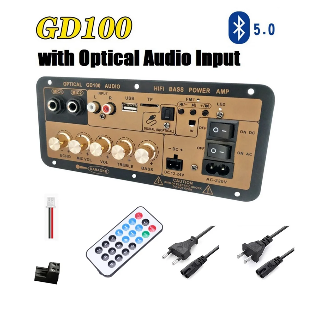 GD100 Bluetooth Amplifier Board with Optical Audio Input HiFi Karaoke Amplifier Home/Car Amplifier Board(EU Plug)