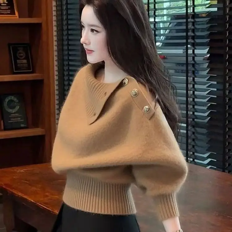 

Elegant Women's Knitted Sweater 2025 Autumn Winter New Fashion All-match Buttons Pullover Sweaters Temperament Female Clothing