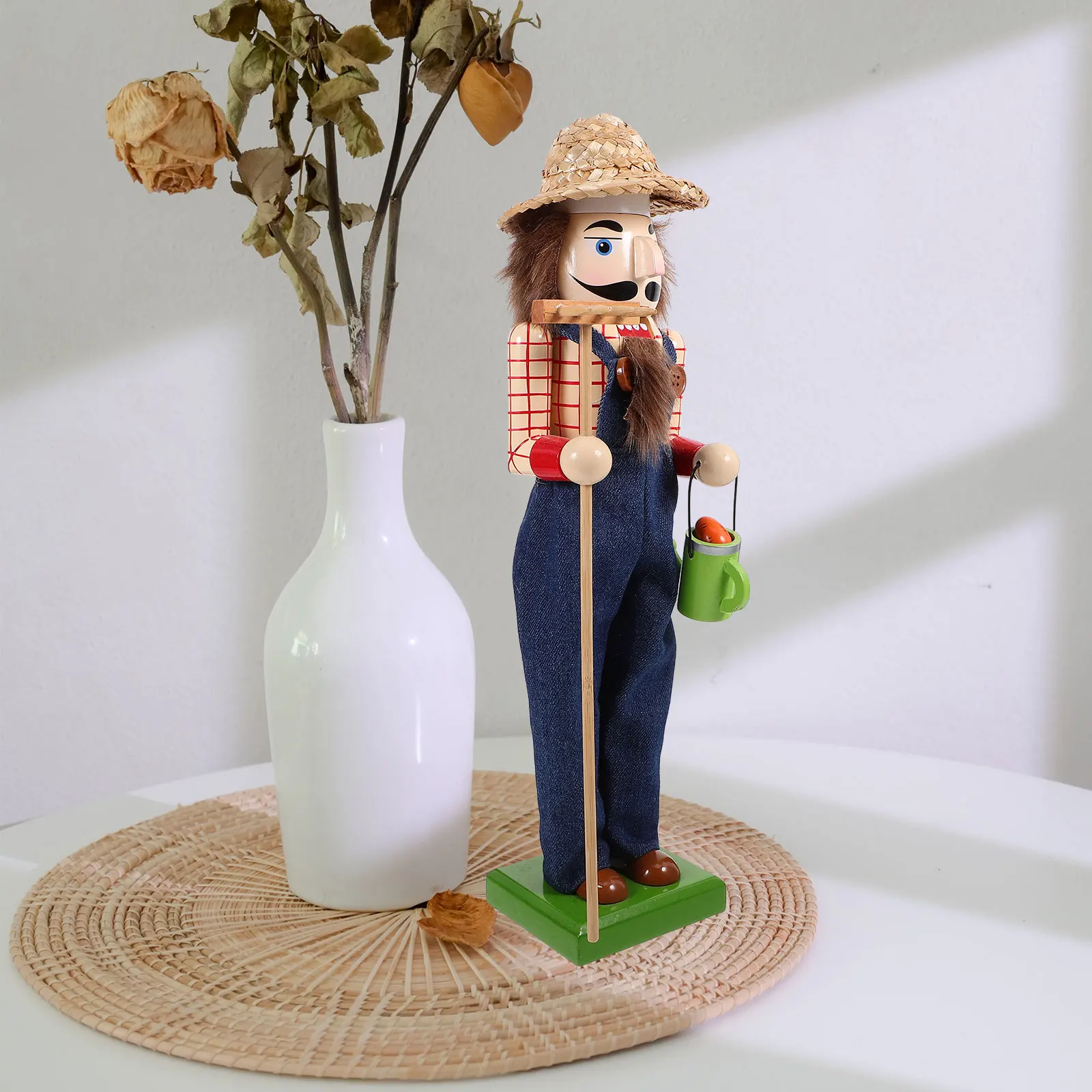 

Wooden Nutcracker Christmas Decor Hand Painted Classic Nutcracker Straw Hat Holiday Table Ornament Desktop Xmas Gift