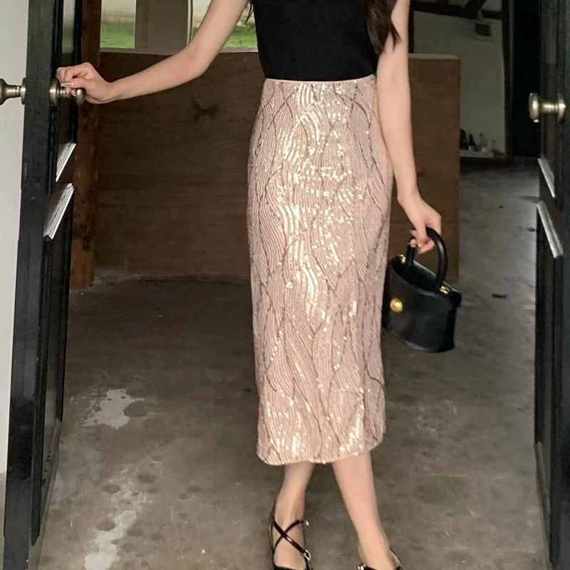 

Sparkling slit skirt for women high waist new style hip hugging skirt temperament slim and high-end A-line skirt