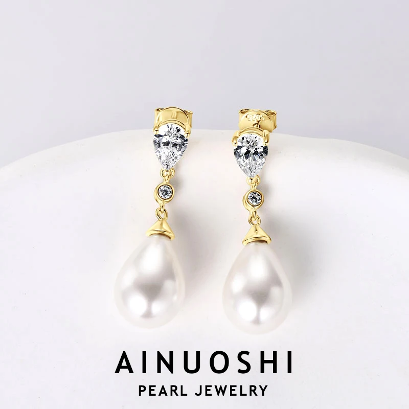 

AINUOSHI 925 Sterling Silver Fashion Zircon Ladies Earrings 13mm Water Drop White Shell Beads Earrings For Women Jewelry Gift