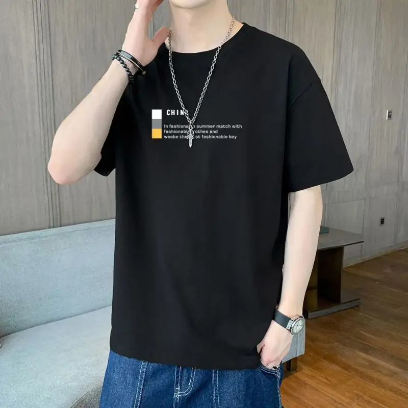 

Summer New Men's Pure Cotton Pullovers Crew Neck Printed Letter Fashion Loose Young Style Comfortable Short Sleeve T-shirt Tops