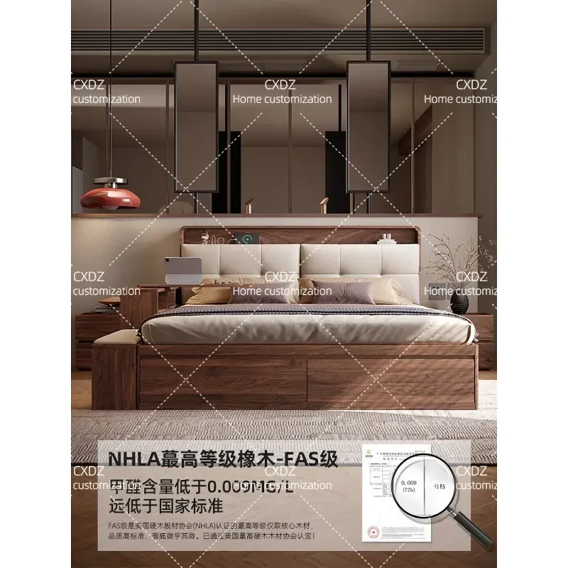 All Solid Wood Oak High Box Bed Antique Modern Simple Master Bedroom Wabi Sabi Style Storage Bed