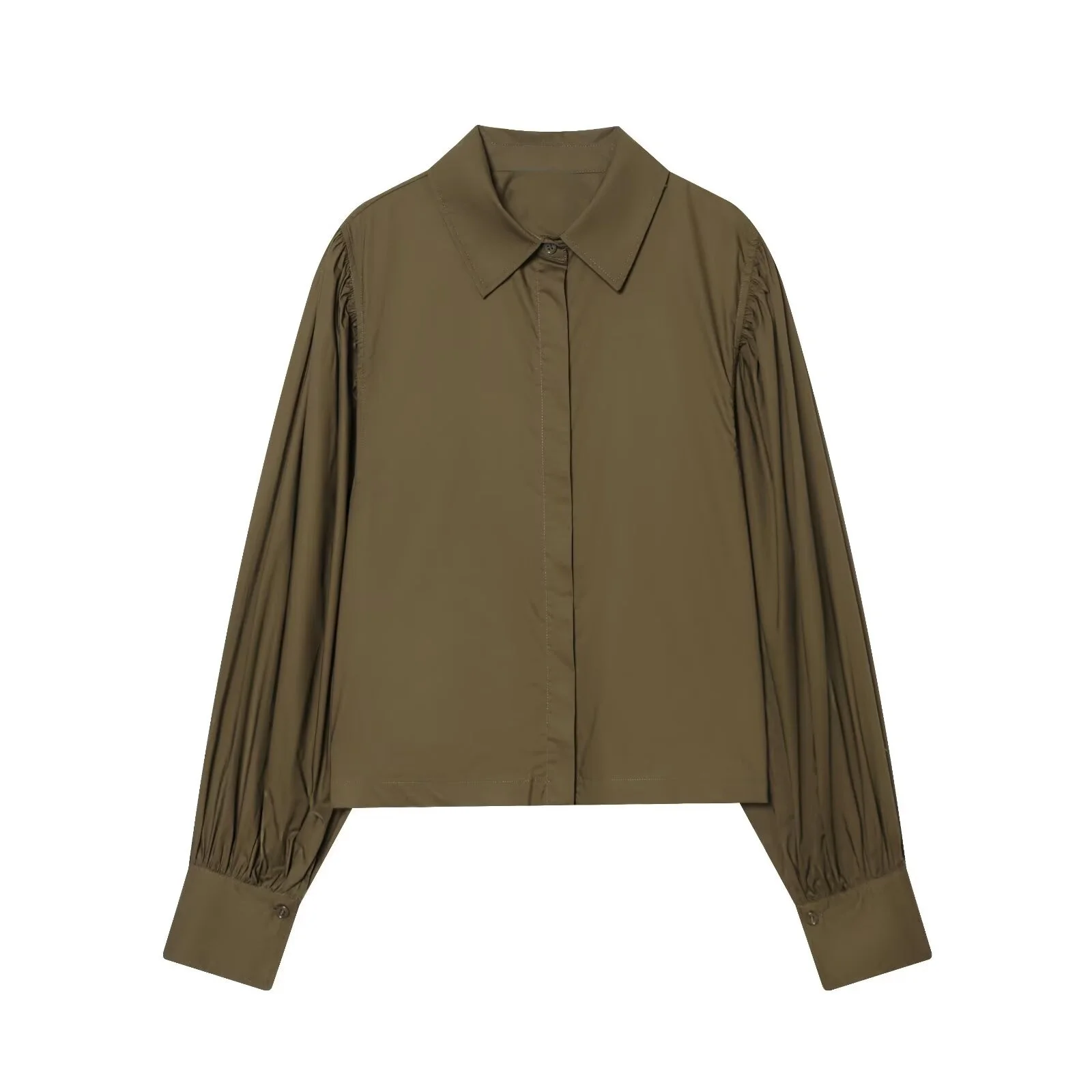 2025 Winter New Women's Casual Fashion Simple Versatile Stand Collar Long Sleeve Puff Sleeve Poplin Shirt