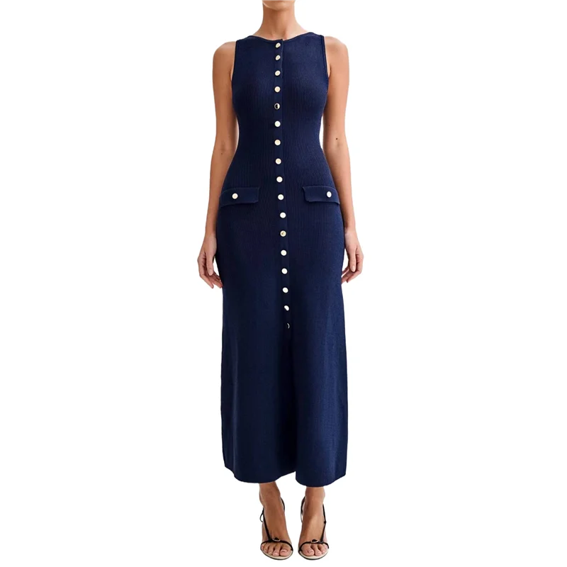 ABP-Damen Sommer ärmelloses einreihiges Strick-Maxikleid mit Schlitz, Rundhalsausschnitt, langer Pullover, figurbetontes Kleid