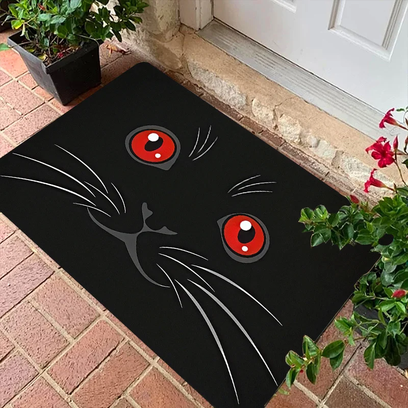 Black Cat Doormat, Red Eyes Funny Kitten Face Entrance Rug, Halloween Pet Floor Mat, Non-Slip Home Decor for Entryway