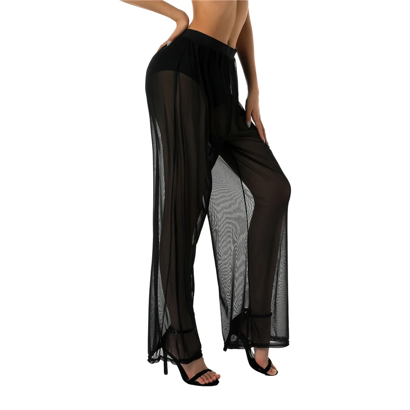 Sexy See-through High Waist Pant Women Long Casual Y2K Straight Trouser Female See Through Wide Leg Long Pants Summer Streetwear