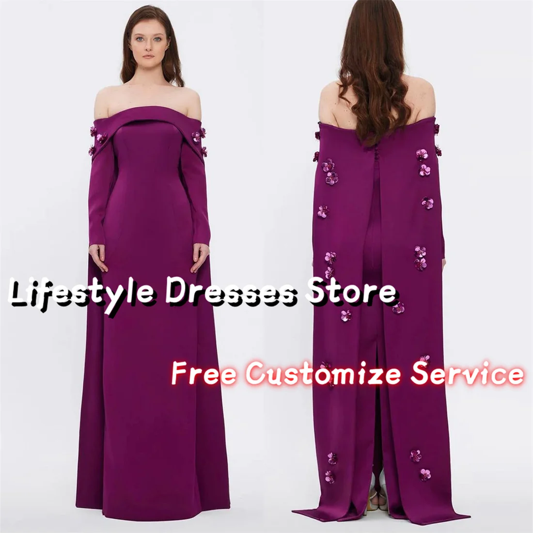 Customized Long Sleeves Off Shoulder Evening Dresses Sequin Flowers Prom Dresses For Formal Occasion Wedding Party Gown