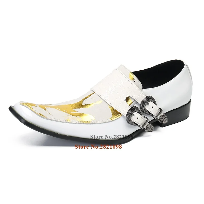 

European Trendy Double Buckle Party Cowhide Printing Male Flats Men Business Dancing Dress Shoes Pointed Toe Leather Shoes