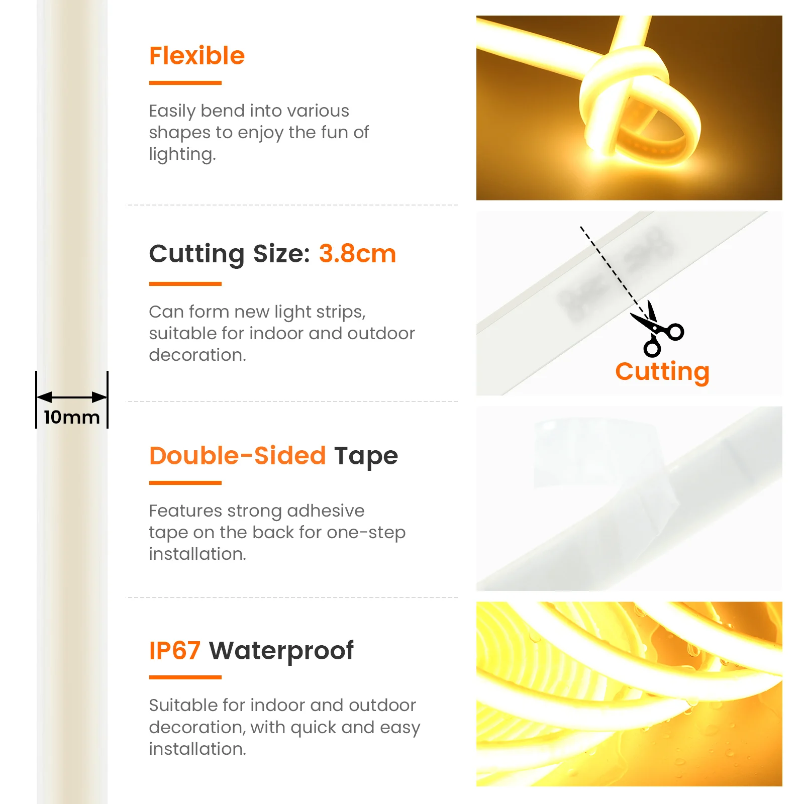 DC12V 24V COB Strip With 2PIN /DC Cable IP67 Waterproof Outdoor Home Decor Flexible Ribbon Rope LED Neon Light 3000K 4000K 6000K