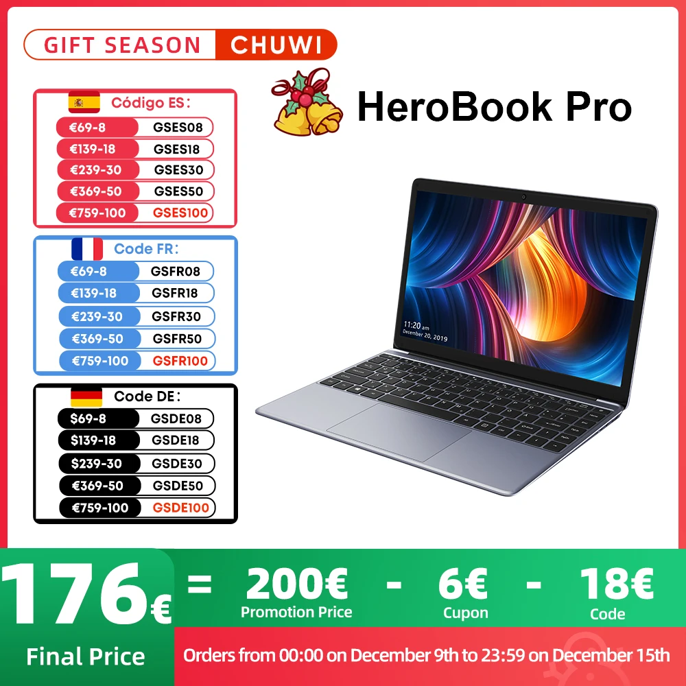 CHUWI-ordenador portátil HeroBook Pro, pantalla FHD de 14,1 pulgadas, Intel Celeron N4020, Dual Core, gráficos UHD 600, GPU, 8GB RAM, 256GB SSD,