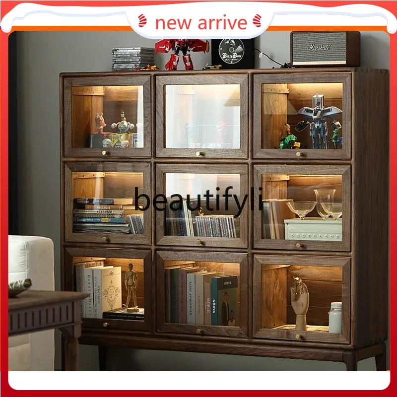 

D2520 All solid wood glass flap cabinet combined storage black walnut figure display cabinet rattan dining side cabinet