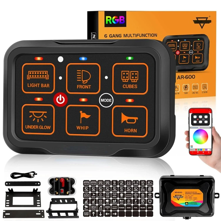 6 Gang Switch Panel Bluetooth RGB AR-600 with Toggle Momentary Pulsed Modes Multifunctional Switch pod