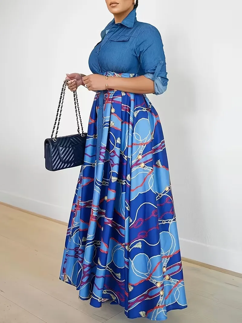 فستان نسائي طويل بطبعة بيزلي مرقع بأزرار أمامية على شكل قميص فستان ريترو على طراز الشارع
