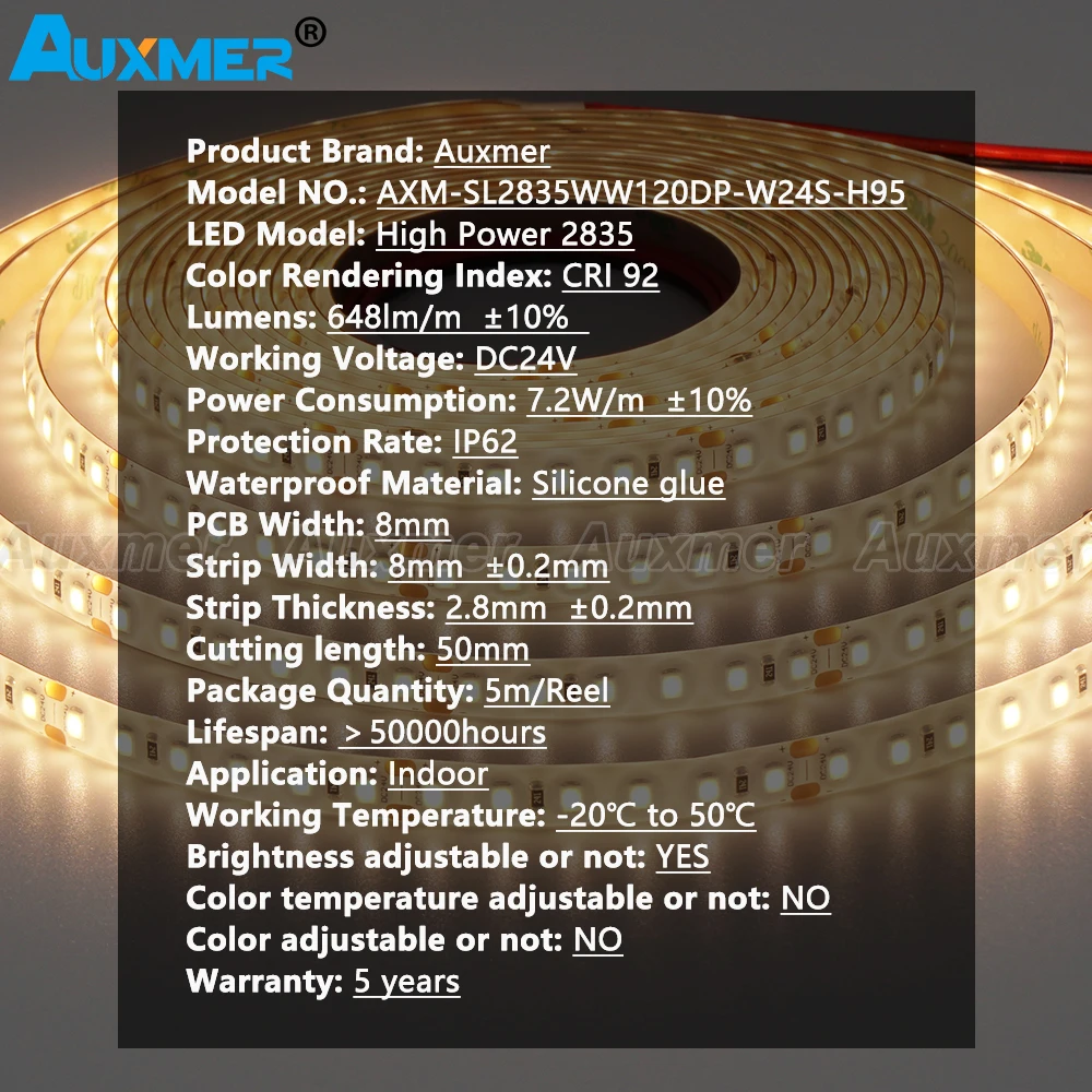 Auxmer High Power 2835 LED Strip Light,120LEDs/m,IP62,CRI90,DC24V, 16.4ft Flexible Silicone Dropper LED Lights