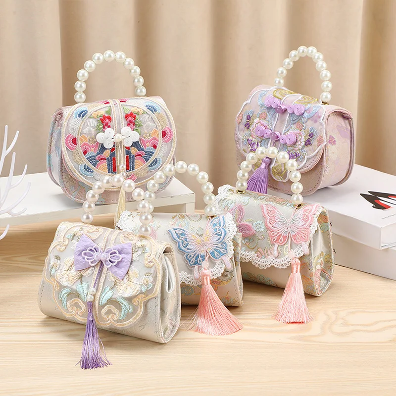 Fashion New Style Princess HandBag Girl Children Bag Mini Small Square Bag Embroidery Butterfly Pearl Children's Coin Purse