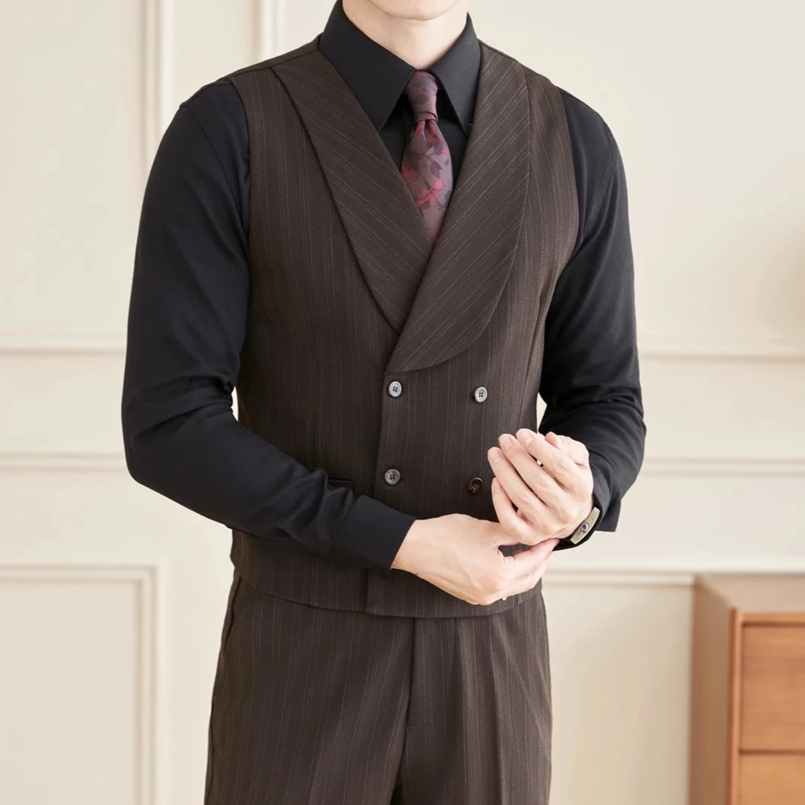 

British Style Double Breasted Suit Vest Men Slim Fit Business Casual Dress Vests Wedding Groom Banquet Party Work Waistcoat