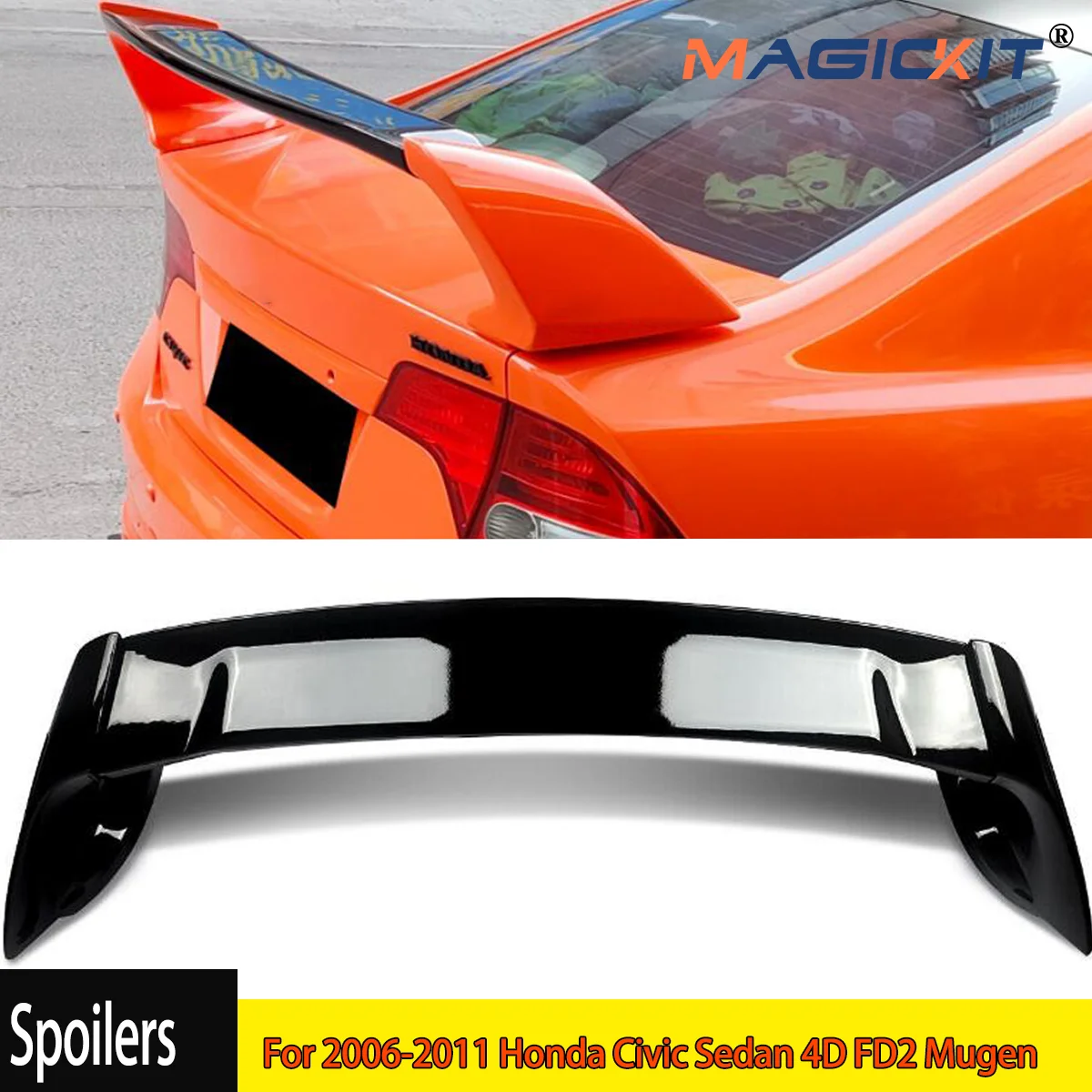 For 2006-2011 Honda Civic Sedan 4D FD2 Mugen Style Black Rear Trunk Spoiler Wing