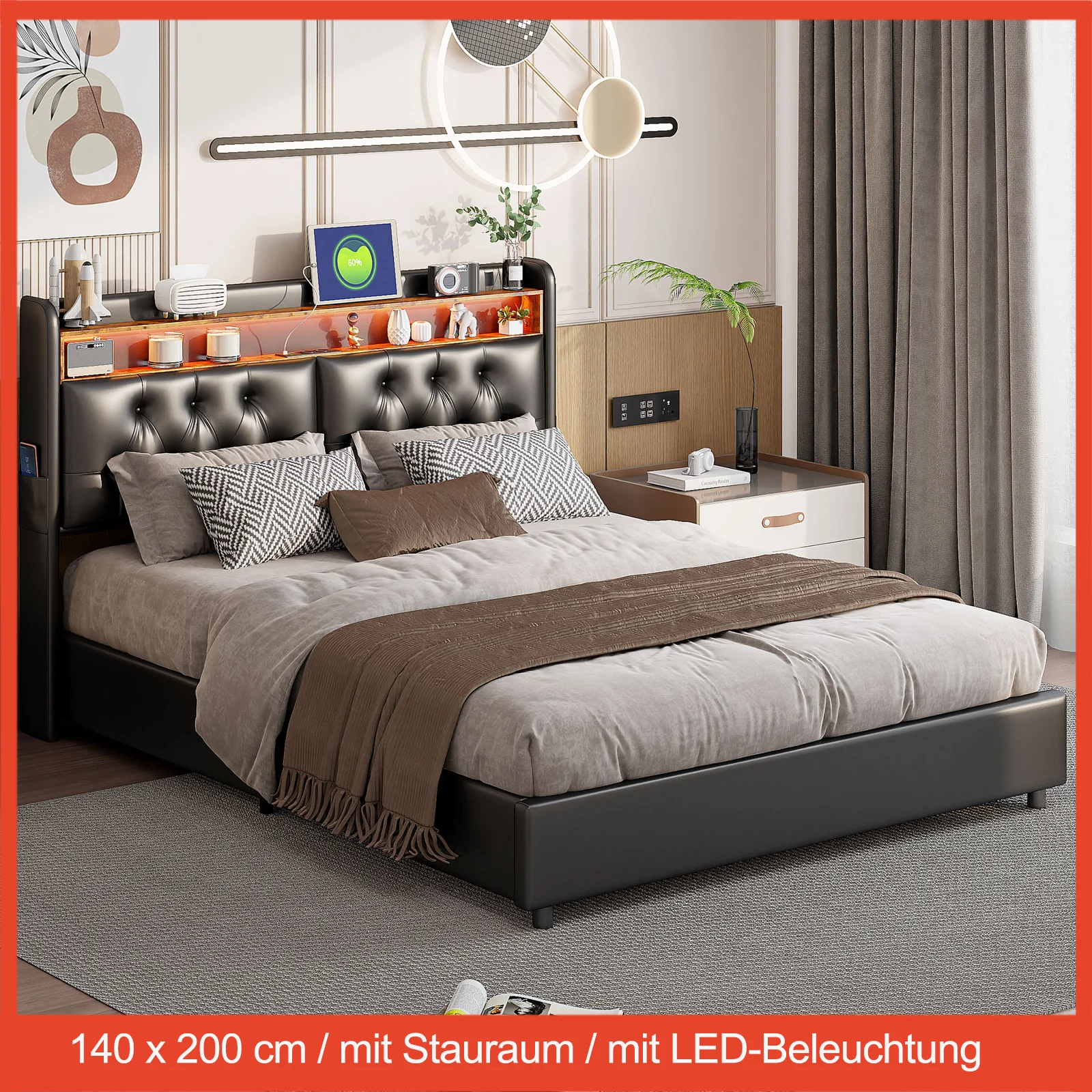 Upholstered Double Bed 140x200 cm,Headboard with LED and USB Charging Function,Storage Bed with Slatted Frame ,Without Mattress