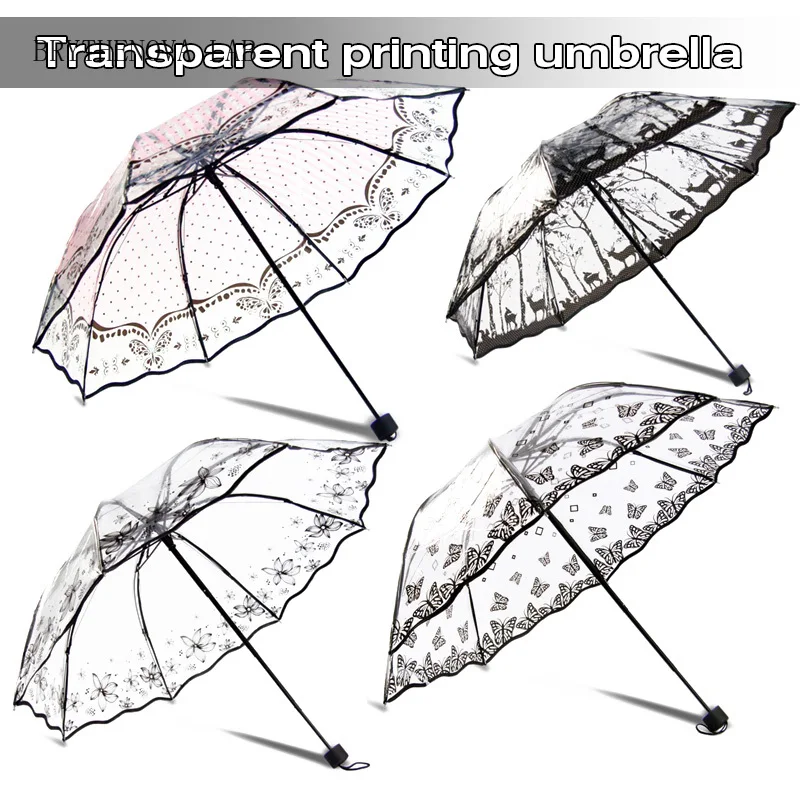 Creative Transparent Long-handle Rain Umbrella Ultra Light Kids Women Parasol Sunny Umbrella Semi-automatic Princess