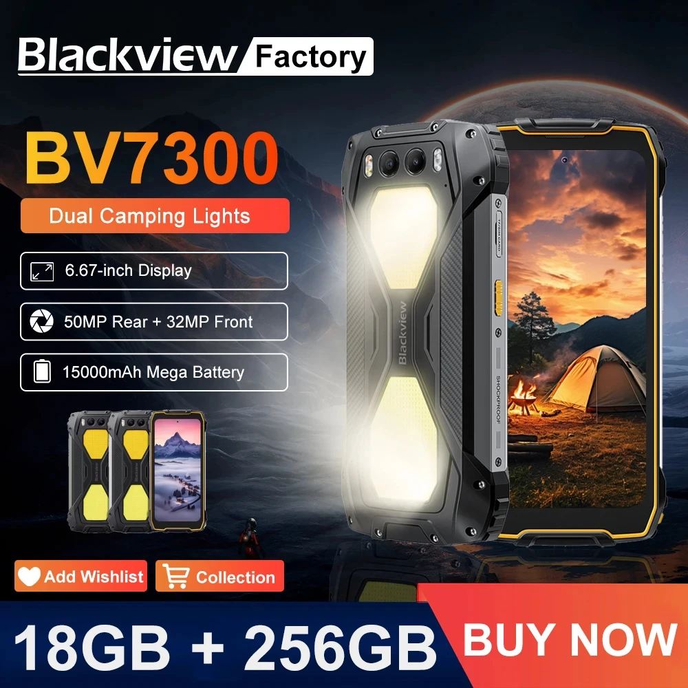 Blackview BV7300 Rugged Phone 6.67'' HD+ IPS 90Hz Display Dual Camping Light NFC 15000mAh 45W Fast Charge Android 14 Cellphone